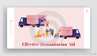 Governmental Help to People in Need Landing Page Template. Volunteers Characters in Humanitarian Aid Van Vector Illustration