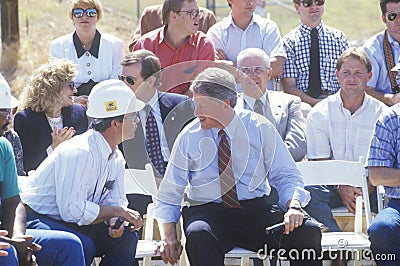 Governor Bill Clinton talks with worker at an electric station on the 1992 Buscapade campaign tour in Waco, Texas Editorial Stock Photo