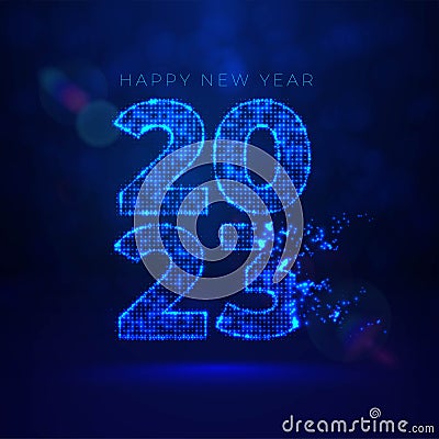 Gowing pints and dots forming number of the new year. Astract digital neon blue 2023 text from particles. Wide christmas Vector Illustration