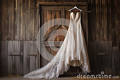 gown hanging against a rustic wooden barn wall Stock Photo