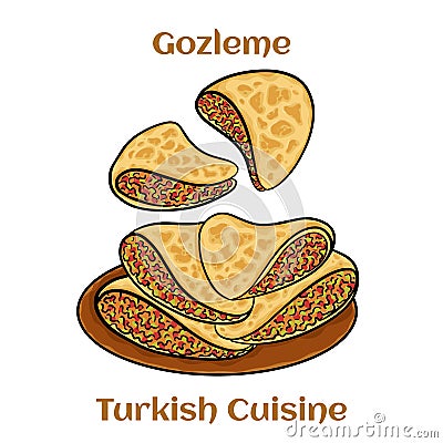 Gozleme is Turkish pastry. Freshly baked appetizing Turkish tortillas Gozleme with with feta cheese. Turkish cuisine Vector Illustration