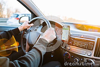 Gps car map system. Global positioning system on smartphone screen in auto car on travel road. Navigation auto location Stock Photo