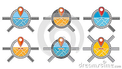 Gps geolocation. Road map pin icon set. Place marker. Transportation navigation. Delivery location pointer. Destination pinpoint Vector Illustration