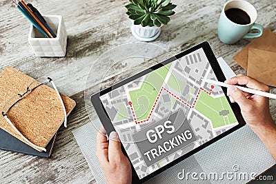GPS Global positioning system tracking map on device screen. Stock Photo