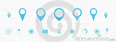 GPS interface elements set. City map navigation. GPS navigator. Point marker icon. Top view, view from above. UX/UI. Abstract Vector Illustration