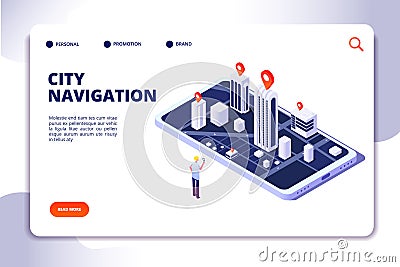 Gps isometric concept. Navigation city 3d map mobile phone, phone tracker with global positioning app. Landing vector Vector Illustration