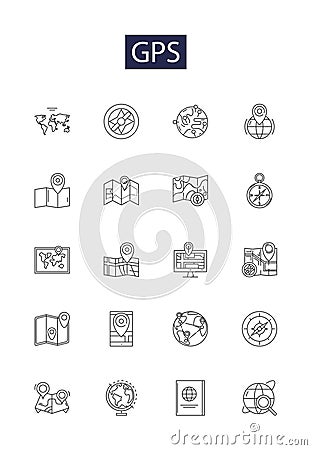 Gps line vector icons and signs. Positioning, System, Navigation, Tracking, Mapping, Satellite, Network, Locator outline Vector Illustration