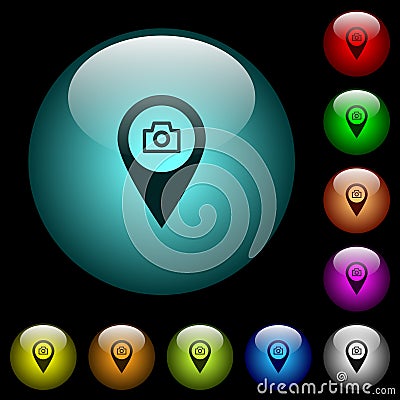 GPS map location snapshot icons in color illuminated glass buttons Stock Photo