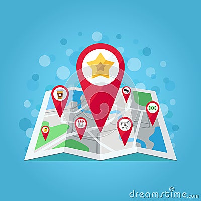 GPS map pointers on the map vector illustration (apple, star, shop, take away coffee, shop trolley, percent, money). Flat design. Vector Illustration