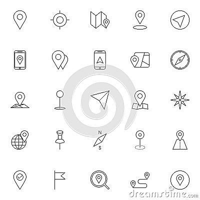 Gps, maps, travel, navigation outline icons set Vector Illustration