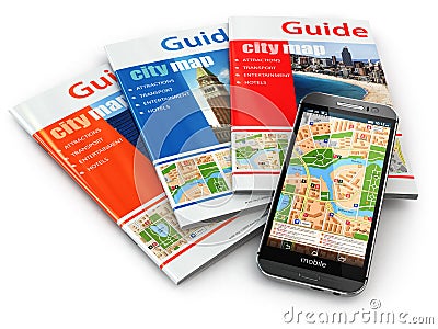 GPS mobile phone navigation and travel guide books. Stock Photo