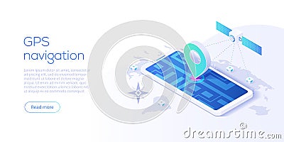 GPS navigation app concept in isometric vector illustration. Smartphone application for global positioning system. Satellite Vector Illustration