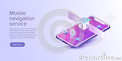 GPS navigation app concept in isometric vector illustration. Smartphone application for global positioning system. Satellite Vector Illustration