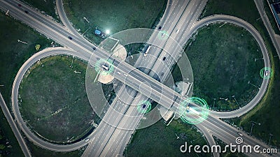 GPS navigation and autonomous driverless transportation concept. Aerial view of transport junction with cars and trucks Stock Photo