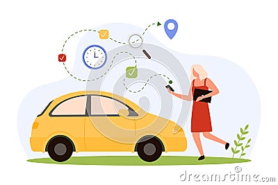 GPS navigation for car road travel in mobile app, tiny woman holding phone to navigate Vector Illustration