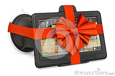 GPS navigation device with red bow and ribbon, gift concept. 3D rendering Stock Photo