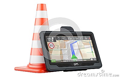 GPS navigation device with traffic cone, 3D rendering Stock Photo