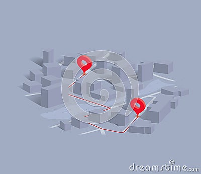 GPS navigation in middle of isometric skyscrapers, highlighted red route to POI. Location tracking and mapping concept Vector Illustration