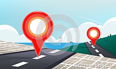 Gps navigation 2 point on the road going to the sea Vector Illustration