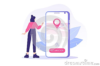 GPS navigation service application. Young woman using smartphone map application. Search map navigation on app. Location pin on Vector Illustration