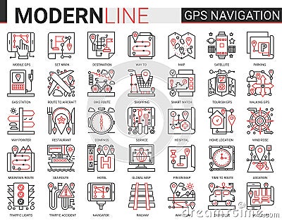 Gps navigation service flat line icon vector illustration set collection of travel symbols for mobile navigator, map geo Vector Illustration