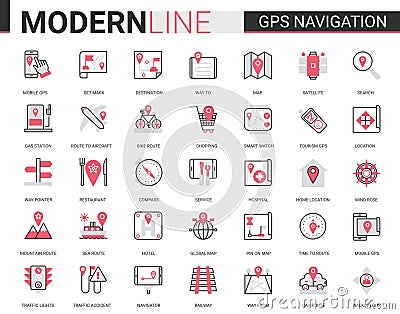 Gps navigation service flat line icon vector illustration set collection of travel symbols for mobile navigator, map geo Vector Illustration