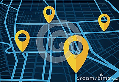 GPS navigation service vector concept. 3D map with location pointers Vector Illustration