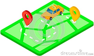 Gps navigation, tracking with app for vehicles. Car on map of area with marks, routes for automobile Vector Illustration