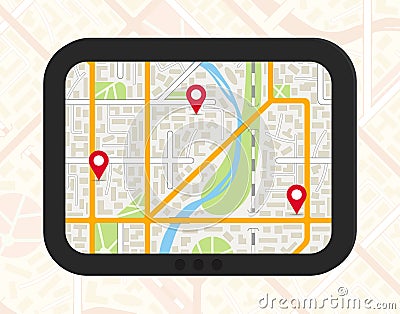 GPS navigator with city map and pinpoints. Vector Illustration