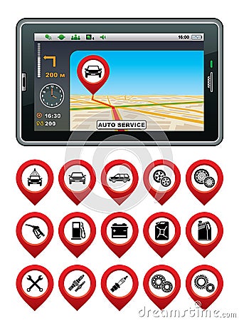 GPS navigator with the pointer autoservice. Vector Illustration