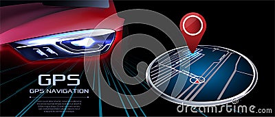 GPS navigator vector. Against the background of the red realistic car Vector Illustration