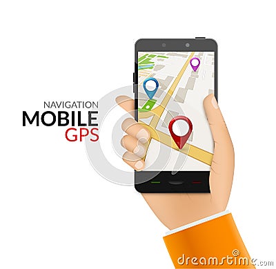 GPS phone navigation - mobile gps and tracking concept. Hand holding a mobile phone with city map Vector Illustration