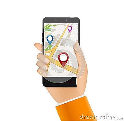 GPS phone navigation - mobile gps and tracking concept. Hand holding a mobile phone with city map Vector Illustration