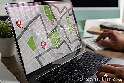 GPS route destination Maps require the use of GPS online mapping in the car, which controls the navigator for GPS tracking Stock Photo