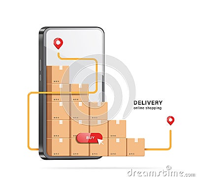 A GPS route with a pin to locate delivery location runs around parcel boxes or cardboard boxes placed on front of smartphone Vector Illustration