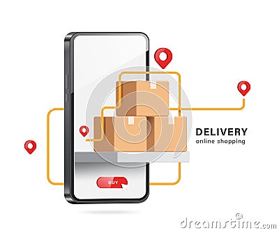 A GPS route with a pin to locate delivery location runs around parcel boxes placed on shelf in front of smartphone Vector Illustration