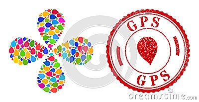 GPS Textured Stamp and Map Marker Multicolored Curl Abstract Flower Vector Illustration