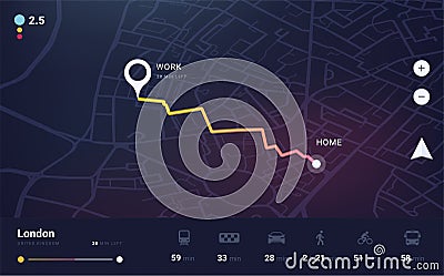 GPS track. City map application with navigation UI. Tracking path and route from home to office. Determining location on Vector Illustration