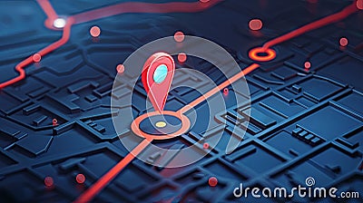 GPS tracking map with a red marker illustrating location. Isometric abstract map background. Generative AI Stock Photo