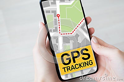 GPS tracking map on smartphone screen. Global positioning system, navigation concept. Stock Photo