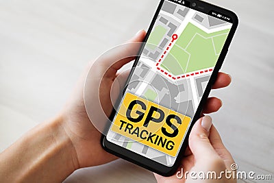 GPS tracking map on smartphone screen. Global positioning system, navigation concept. Stock Photo