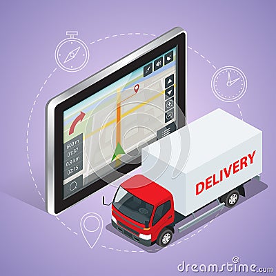 GPS truck. Geolocation gps navigation touch screen tablet and Fast delivery service Vector Illustration