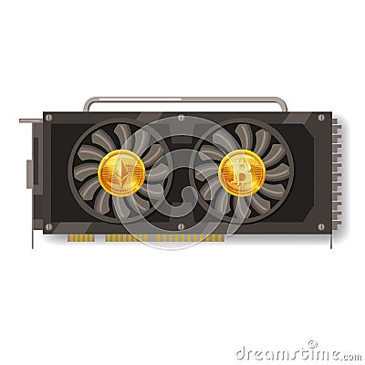 GPU videocard for mining isolated icon. Blockchain technology and digital money, bitcoin, ethereum, cryptocurrency Vector Illustration