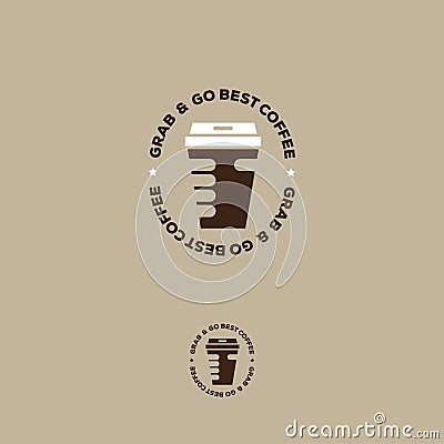 Grab and go best coffee logo. Coffee mug and hand emblem on a beige background. Vector Illustration