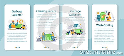 Grabage collector mobile application banner set. Cleaning worker emtying Vector Illustration