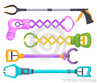 Grabber tool. Grab toy or stick claw for picking garbage, mechanical robot extendable arm picking-up trash device Vector Illustration