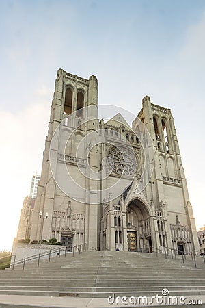 San Francisco, CA / United States - Aug. 25, 2019: a vertical view of Grace Cathedral, an Episcopal cathedral on Nob Hill, San Editorial Stock Photo