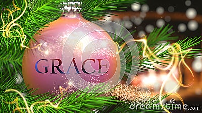 Grace and Christmas holidays, pictured as a Christmas ornament ball with word Grace and magic beams to symbolize the connection Cartoon Illustration