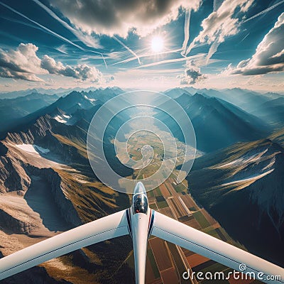 The grace and tranquillity of soaring in the skies, as seen from tail fin of a glider Stock Photo