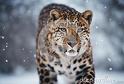 Graceful Amur leopard running in snowy terrain Stock Photo